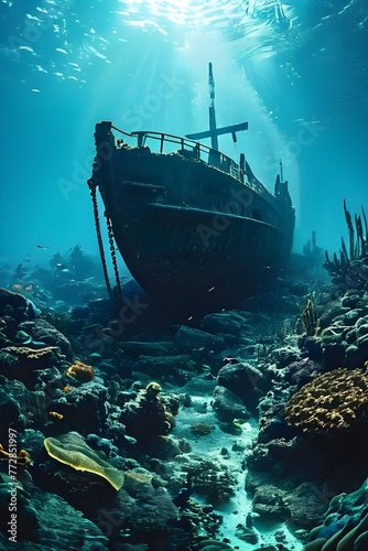 sunken ship wreck resting on the ocean floor