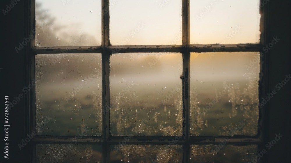 Obraz premium Dew on a window overlooking a misty field at sunrise