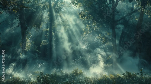A forest with trees and sunlight shining through the leaves