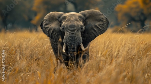 A large elephant is standing in tall grass. The elephant is looking to the right. The grass is brown and dry