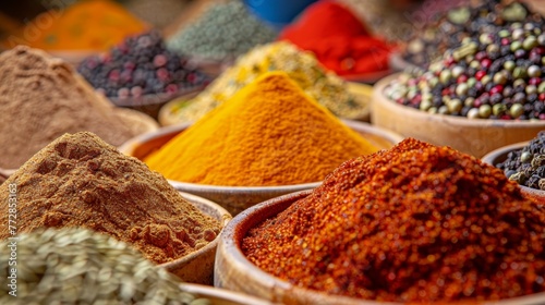 Fototapeta Naklejka Na Ścianę i Meble -  A variety of spices are displayed in bowls, including red pepper flakes, black pepper, and yellow curry powder
