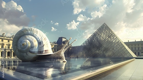 Giant Snail's Surreal Crawl on the Iconic Louvre Pyramid: A Study in Cubist Minimalism