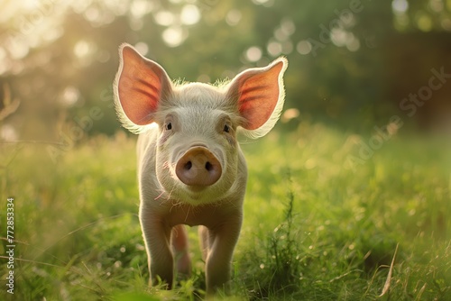 Cute piglet standing in the green field photo