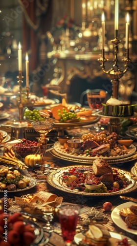 Immerse viewers in a luxurious historical banquet Bring to life a majestic wormseye view scene of a lavish feast Incorporate fine details of food  decor 