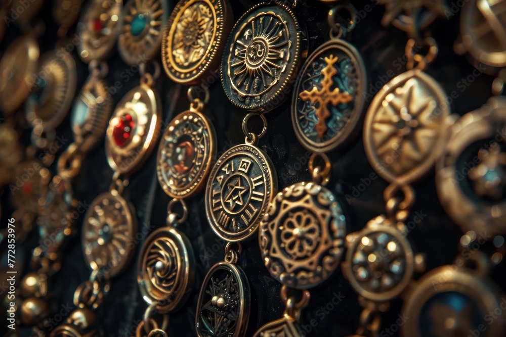 Ignite curiosity and desire with a closeup shot showcasing keychains embodying ancient prophecies and individual hopes