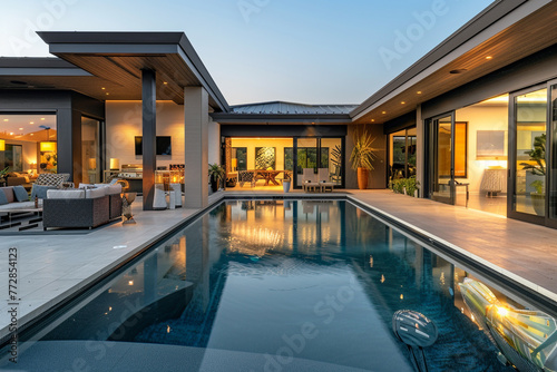 A luxurious outdoor patio area with a custom-designed swimming pool, surrounded by a modern house with an impressive interplay of light, materials, and form. 32k, full ultra hd, high resolution © baseer