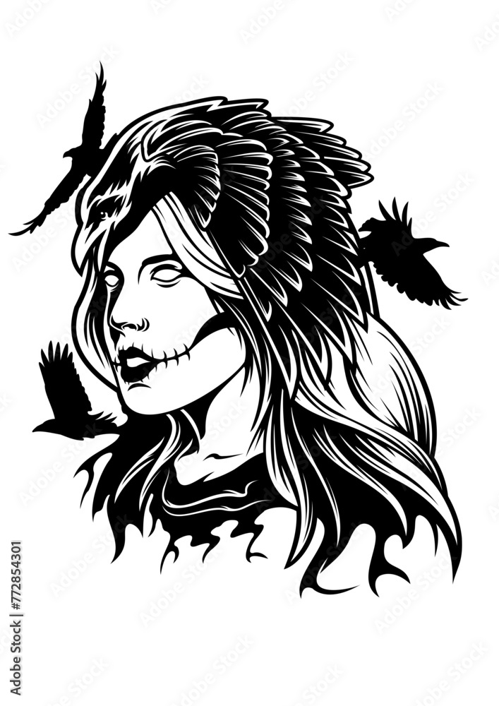 Sugar Skull Crow Headdress Illustration, Lady Dead Clipart, Black Crow Stencil, Catrina Raven Cut file, Halloween Shirt, Gothic Girl