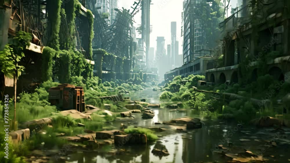 Ruins of an industrial complex in the middle of the jungle, AI Generated Ruins of an industrial complex in the middle of the jungle, AI Generated
