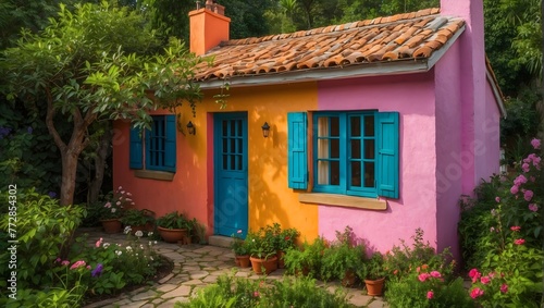 A quaint cottage nestled in a lush garden, painted with vibrant hues of the rainbow Generative AI