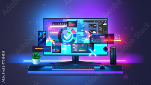 PC computer, keyboard, mouse on desk in dark room with abstract interfaces on screen. Computer technology concept. Desktop gaming computer front view on monitor with abstract API programs interface.