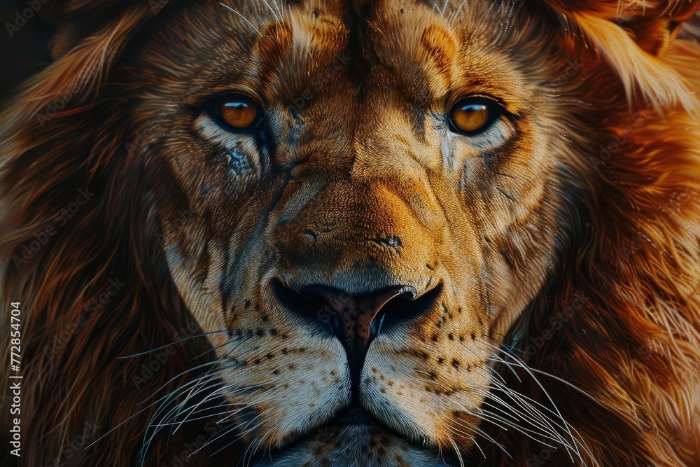 Realistic Oil Painting of a Majestic Lion Portrait with Detailed Fur Texture, Intense Eyes, Wildlife Art, Animal Illustration
