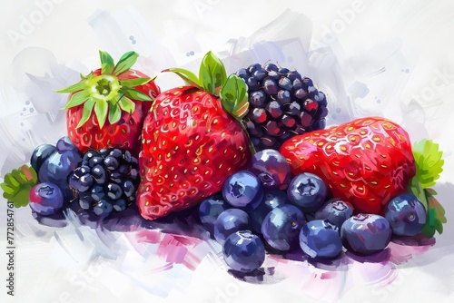 Red fruits mix  blackberries blueberries strawberries on white background  fresh berries digital painting