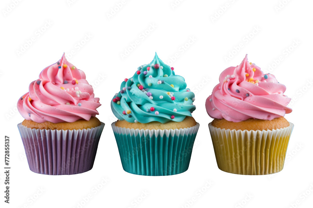 Three Cupcakes With Pink, Blue and Green Frosting. On a White or Clear Surface PNG Transparent Background..