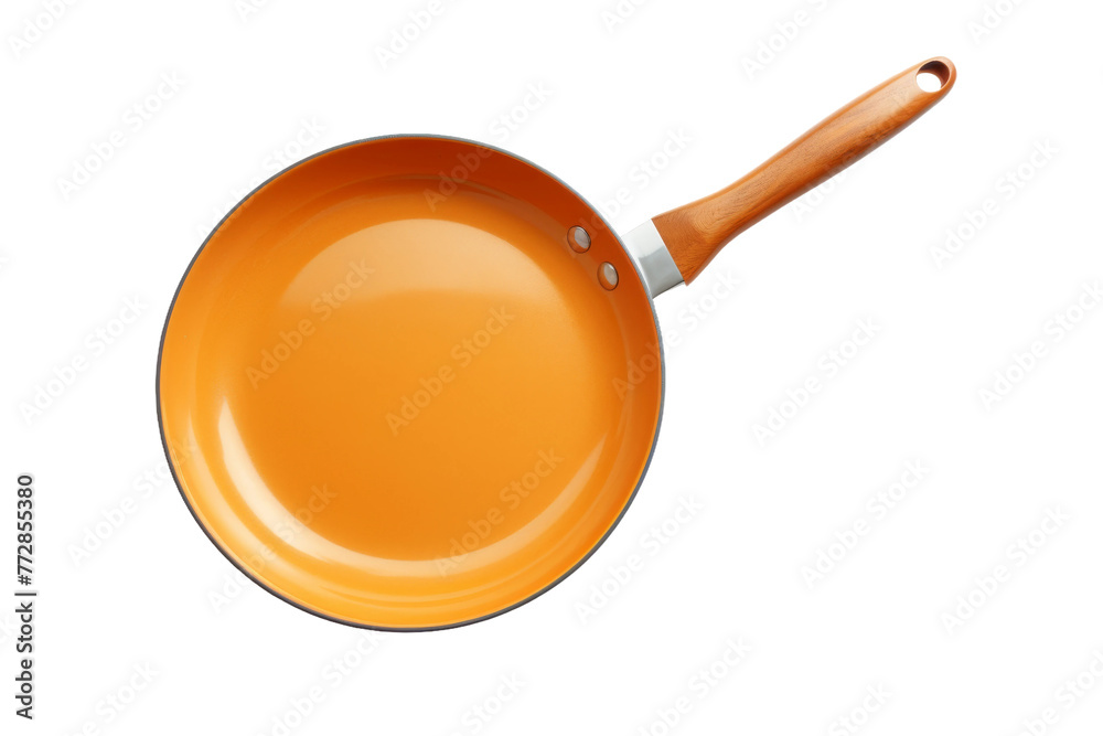 Orange Frying Pan With Wooden Handle. On a White or Clear Surface PNG Transparent Background.. Orange Frying Pan With Wooden Handle. On a White or Clear Surface PNG Transparent Background..