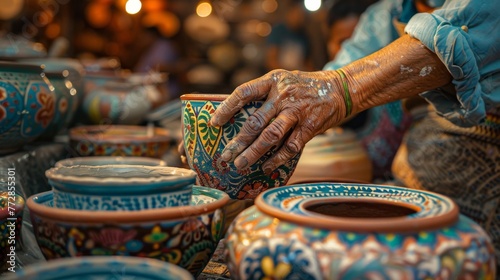 Elderly artisan hand-painting intricate designs on ceramic pots at market