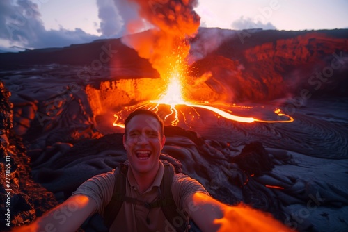 man taking a selfie with the glowing mouth of a volcano behind