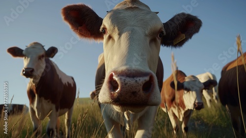 Herd of cows grazing during golden hour