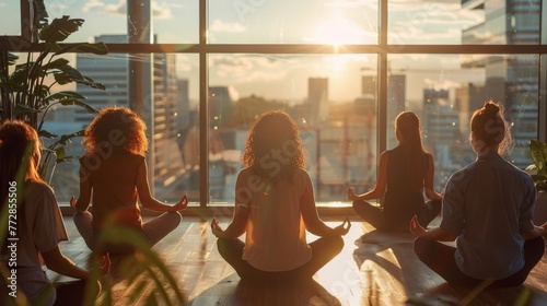 Group of women practicing yoga against city skyline at sunset 
