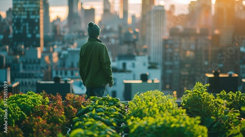 Man standing on rooftop garden overlooking the city skyline at sunset
