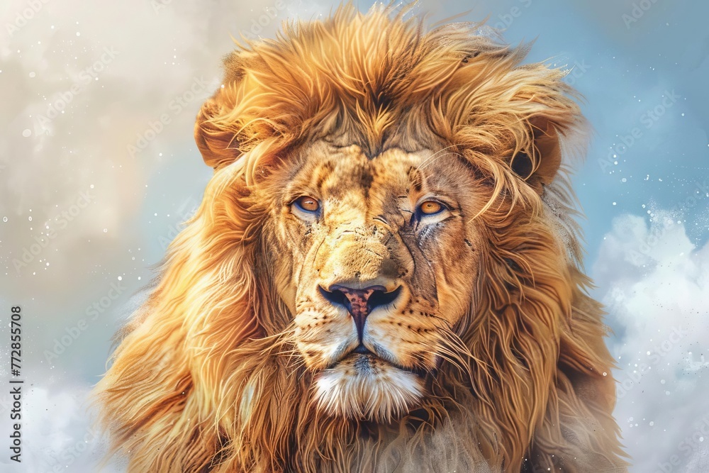 Majestic lion king with golden mane and piercing eyes, powerful wildlife portrait, digital oil painting