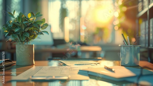 Cozy office workspace with plant book and papers at golden hour photo