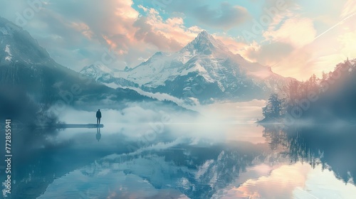 Solitary figure gazing at the mountainous landscape reflecting in a still lake at sunrise
