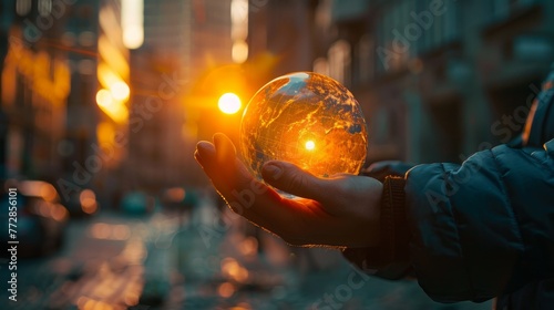 Hand holding illuminated globe on city street during sunset with warm tones #772856101