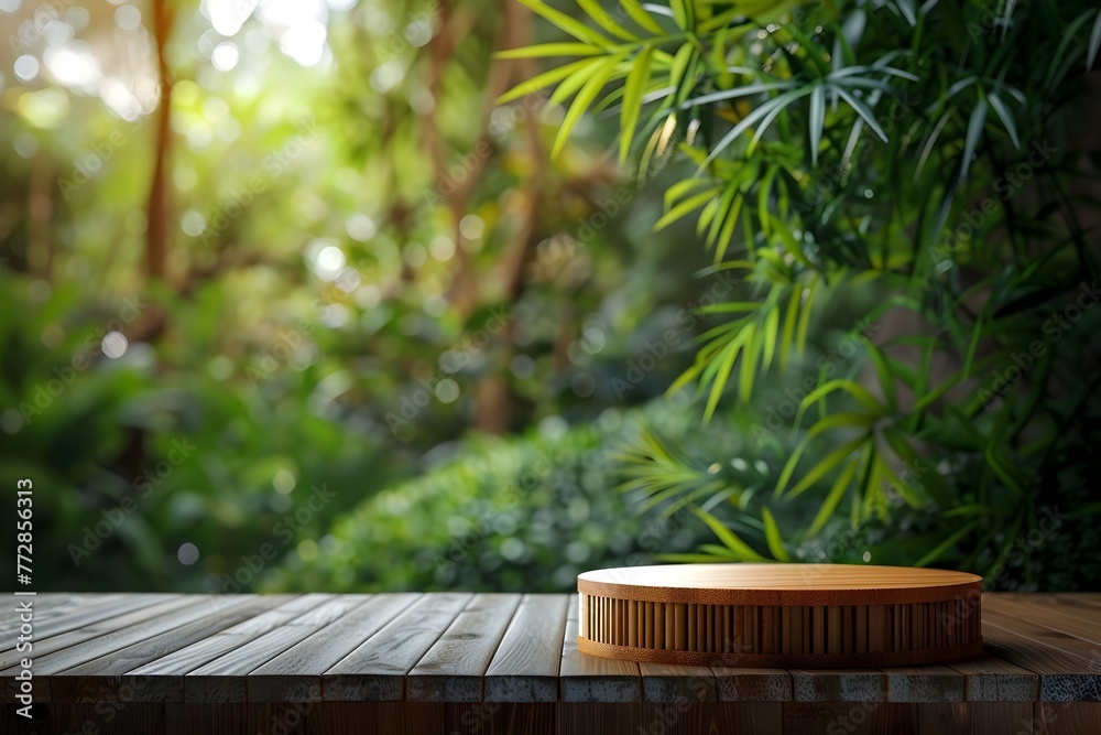 Bamboo Podium in Zen Garden Setting: Ideal for Wellness and Spa Product Displays in Documentary Editorial Magazine Photography Style Bamboo Podium in Zen Garden Setting: Ideal for Wellness and Spa Product Displays in Documentary Editorial Magazine Photography Style