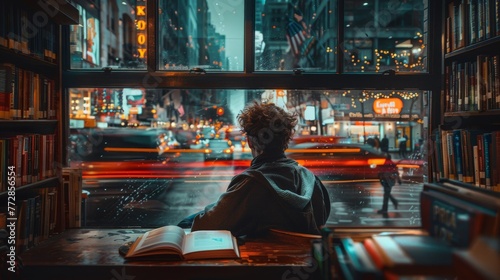 A man individual studying with book in city library against rainy window © Sippung