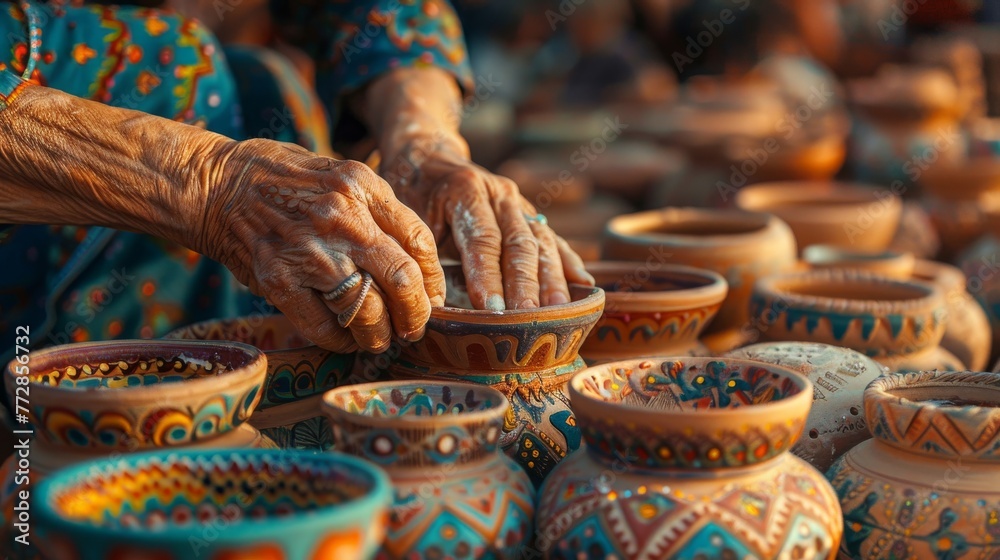 Close-up of elderly hands crafting intricate designs on pottery
