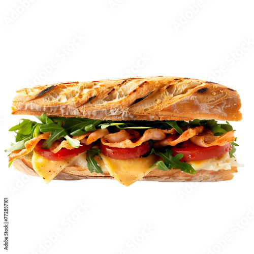 Baguette sandwich with ham, cheese on transparent background. Generative AI.
