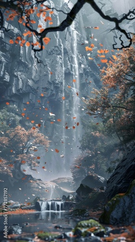 Autumn waterfall in a misty forest