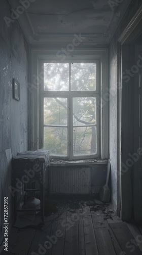 Abandoned room with a view of trees through a foggy window