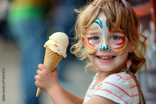 happy child with face painted holding ice cream © studioworkstock
