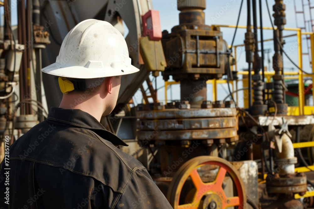 oil patch worker with hard hat near pump equipment oil patch worker with hard hat near pump equipment
