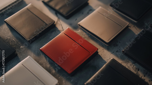 A vivid red wallet is center stage among a collection of dark leather wallets on a textured surface photo