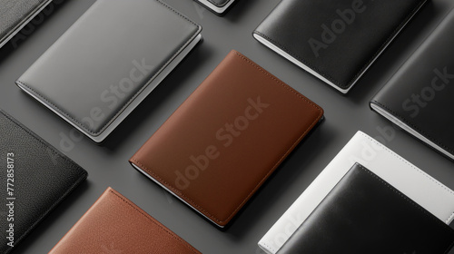 An assortment of luxury leather wallets varying in colors neatly displayed against a gray background