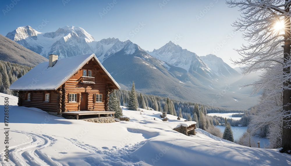 An old wooden cabin with smoke rising from its chimney surrounded by a snowy landscape colorful background