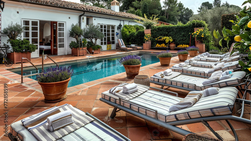 A luxury villa's courtyard pool, surrounded by Mediterranean-style architecture. Sunbeds with beach towels featuring classic stripes are set on terracotta tiles,  photo