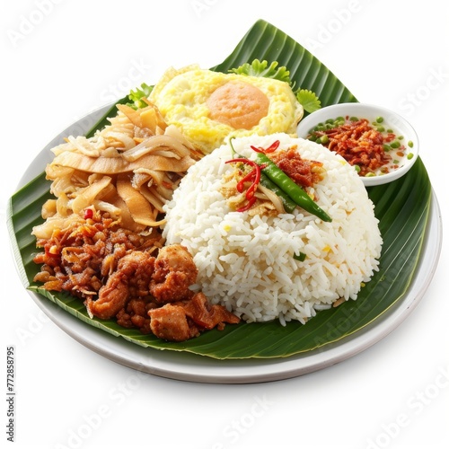 Nasi Uduk: Fragrant coconut rice cooked with coconut milk and spices, typically served with various accompaniments such as fried chicken, shredded omelette, fried tempeh, and sambal