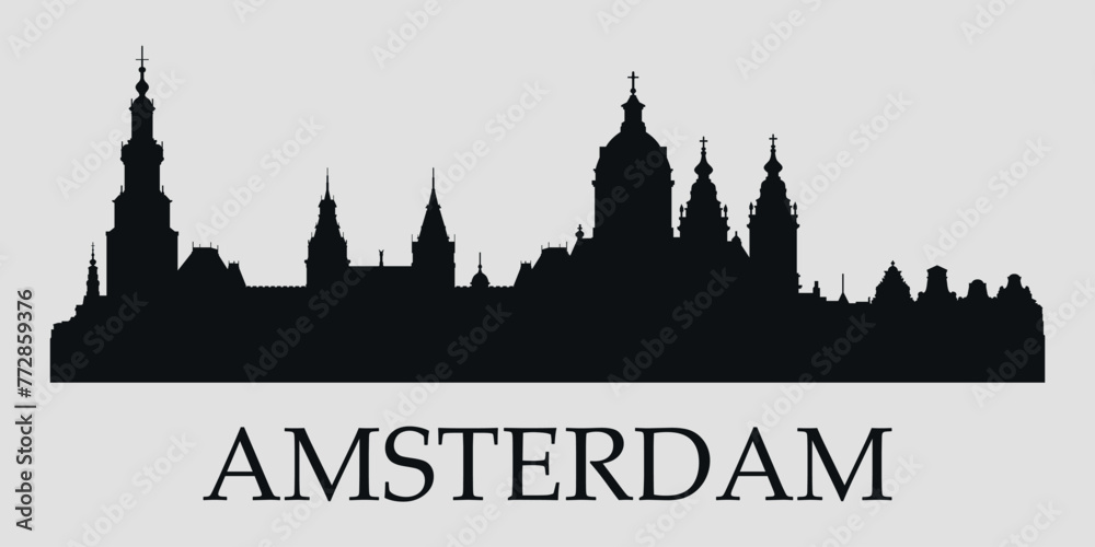 The city skyline. Amsterdam. Silhouettes of buildings. Vector on a gray background