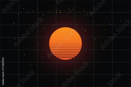 Classic retro 80s style sunset with star background