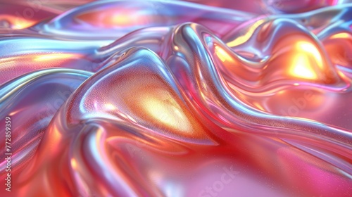 Abstract floating fluid iridescent holographic neon curved in motion colorful background