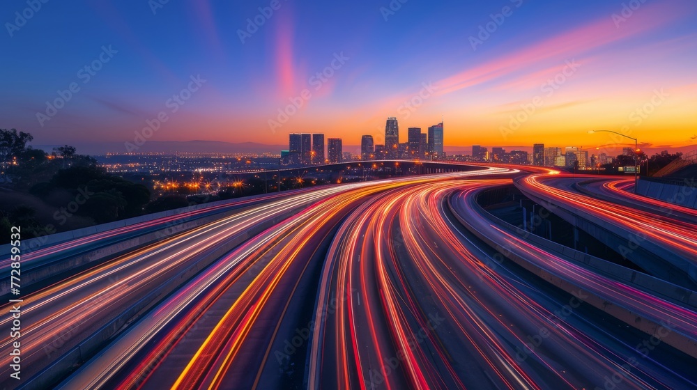 City Lights: Explore the Spectacular Urban Night Scene with Traffic Light Trails Adorning Cityscape Skyscrapers, Captured in Mesmerizing Dusk Road Photography.