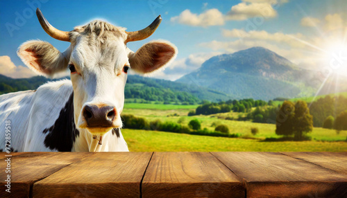 Close-up of an empty wooden table and a white and black dairy cow with horns (heifer), looking at the camera, on a countryside landscape. Template for dairy products. Generative Ai. photo