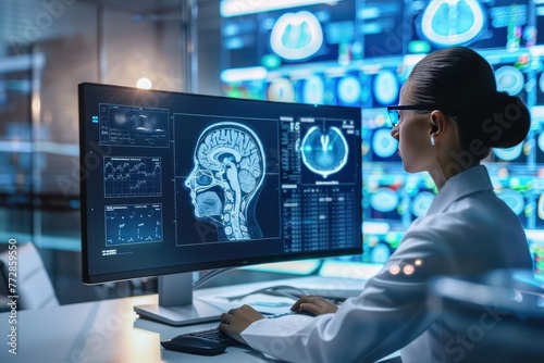Medical team visualizing the human brain in screen
