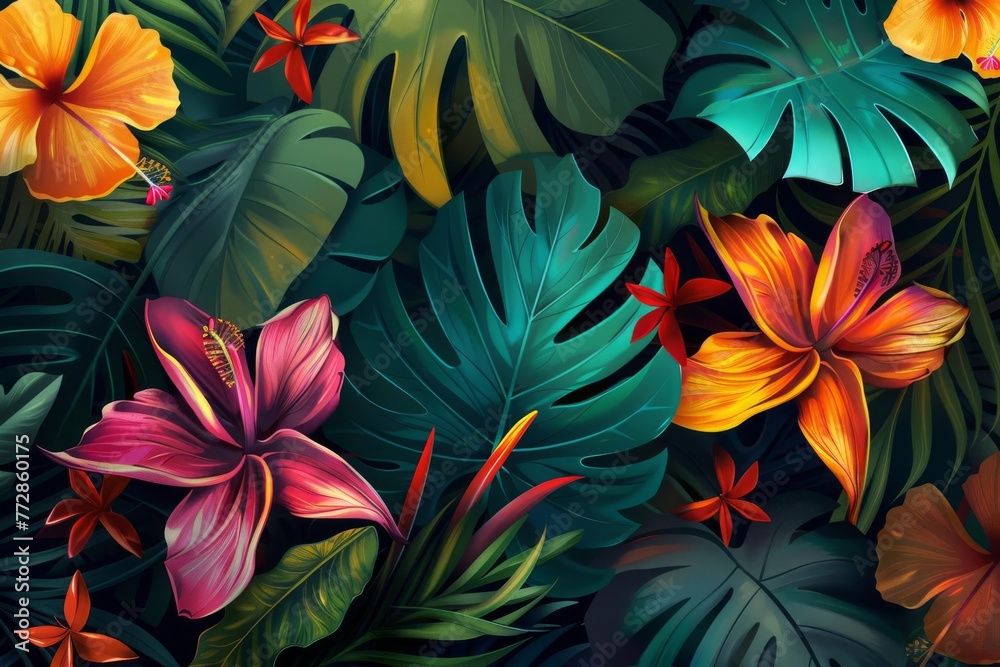 Vibrant tropical leaves and flowers, lush jungle foliage, botanical illustration, digital painting Vibrant tropical leaves and flowers, lush jungle foliage, botanical illustration, digital painting