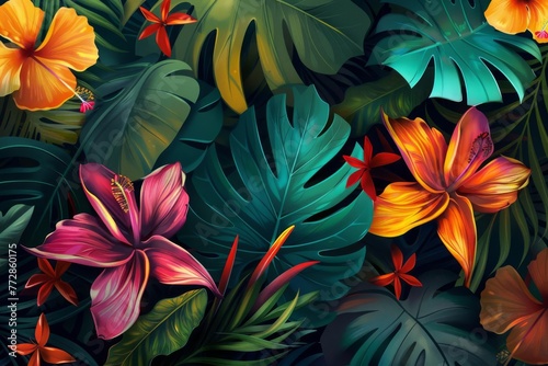 Vibrant tropical leaves and flowers, lush jungle foliage, botanical illustration, digital painting