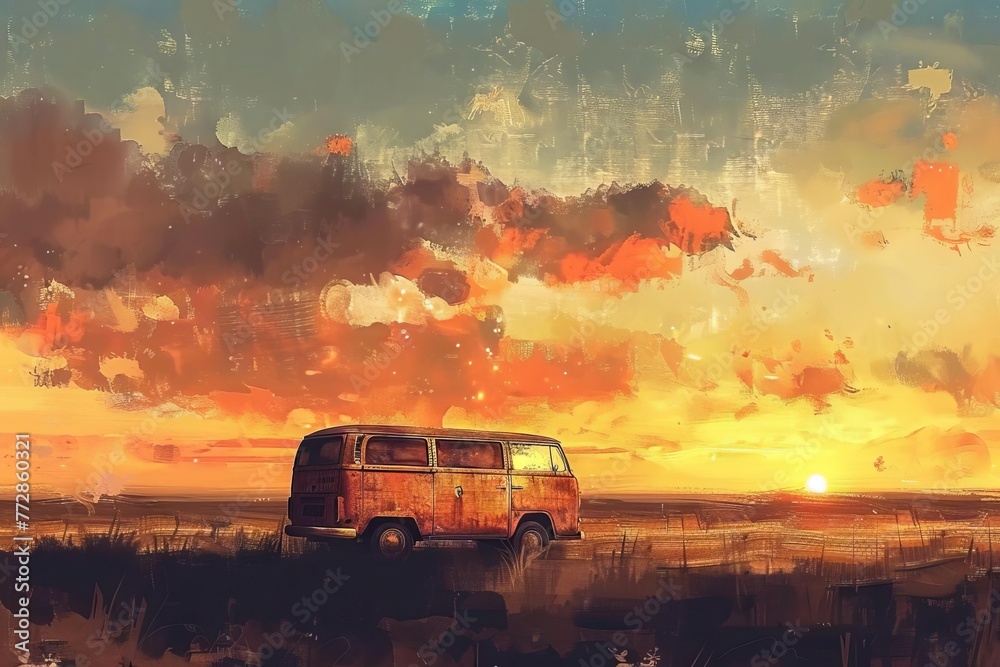 Vintage Van Traveling for Nomadic Escape and Road Trip Adventure at Sunset, Digital Painting