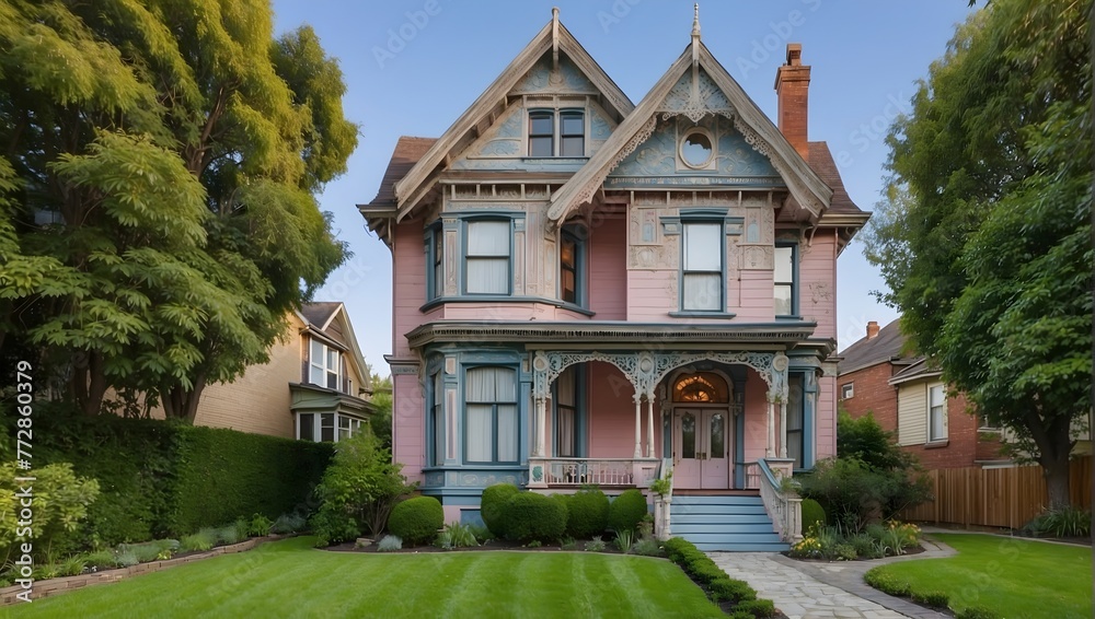 A traditional Victorian home adorned with intricate patterns in a pastel color palette Generative AI